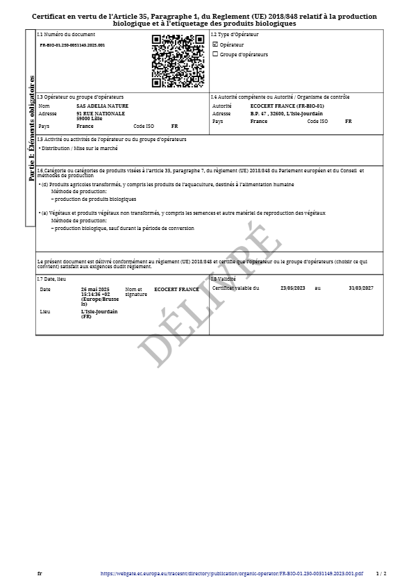 Certificat AGRICULTURE BIOLOGIQUE - ADELIA NATURE JEAN BOUTEILLE 31-03-2027