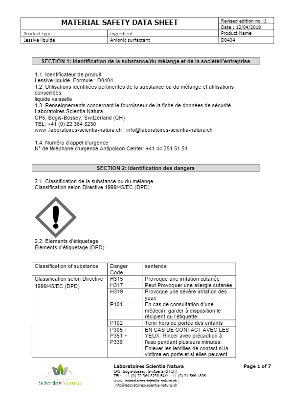 Fiche De Sécurité -Lessive Lavande SCIENCIA NATURA